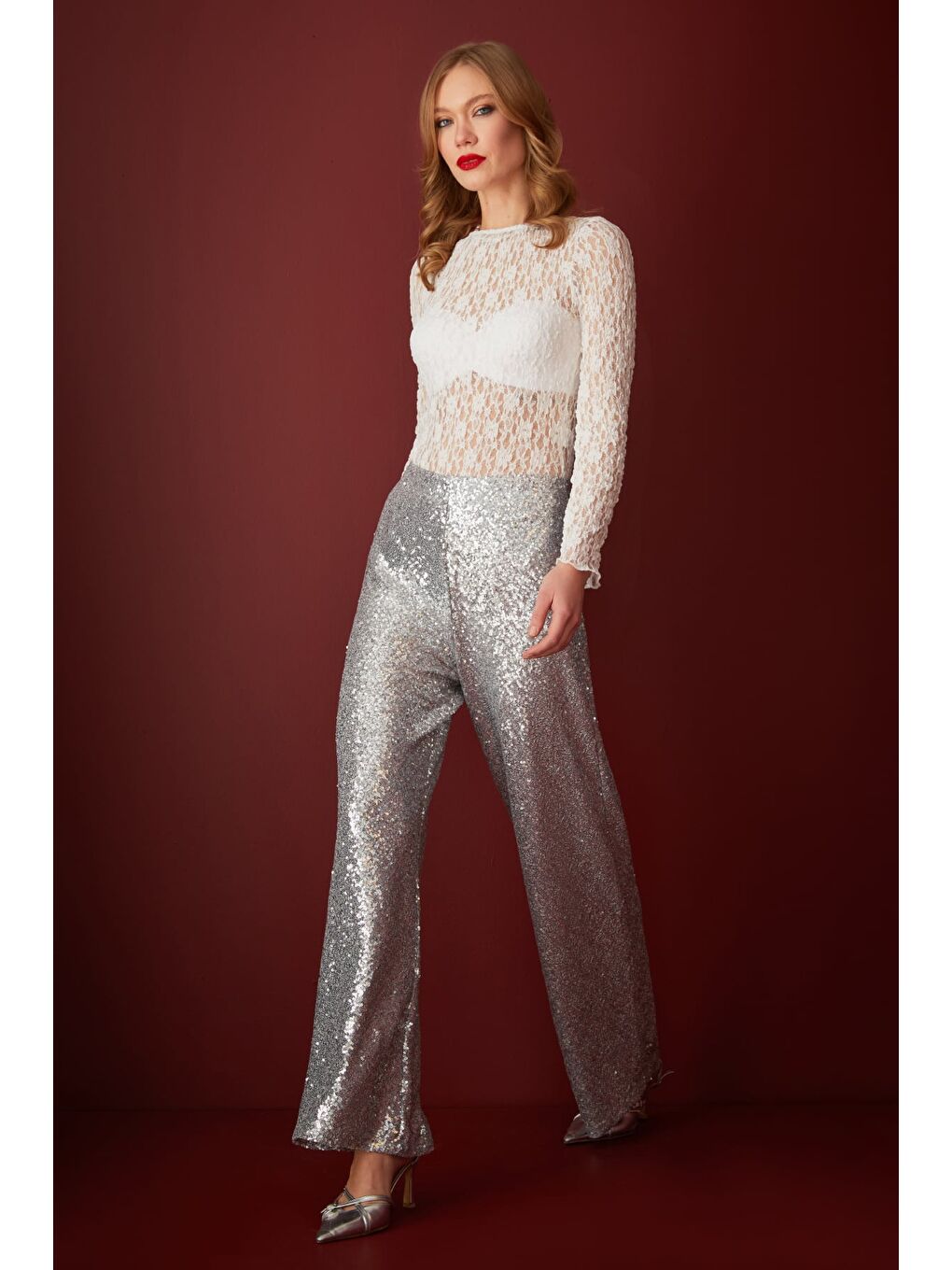 Gri Beli Lastikli Pul Payet Palazzo Pantolon