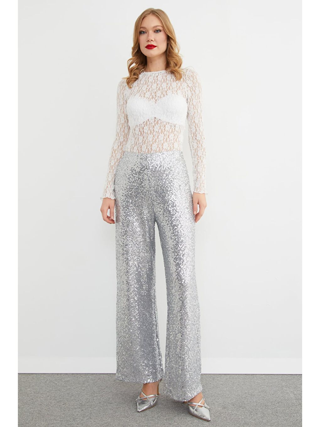 Gri Beli Lastikli Pul Payet Palazzo Pantolon-1