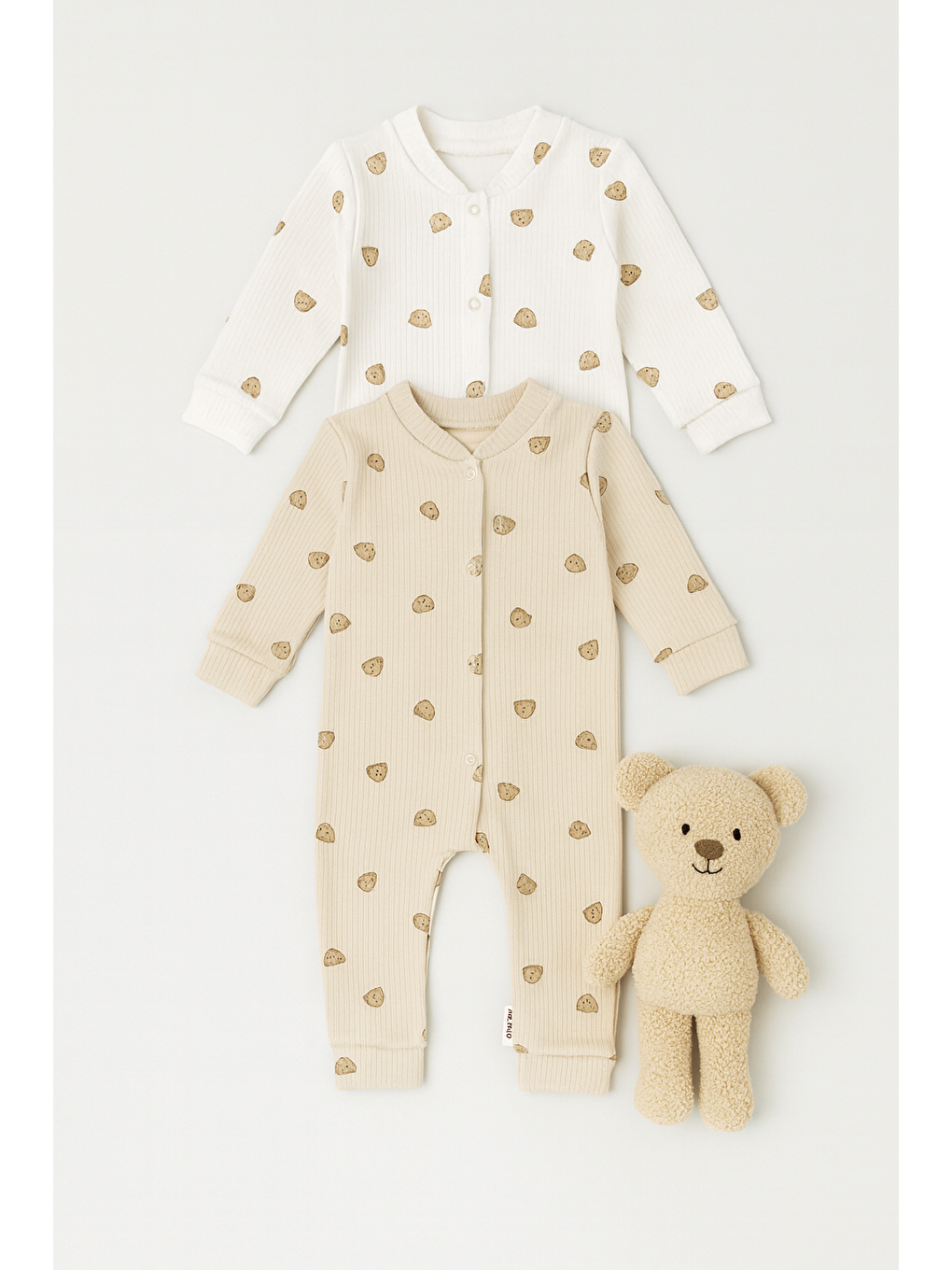 Bej Erkek KIz Bebek Ayıcık Desenli 2li Tulum Takımı Yenidoğan Kıyafeti Pamuklu Fitilli-1