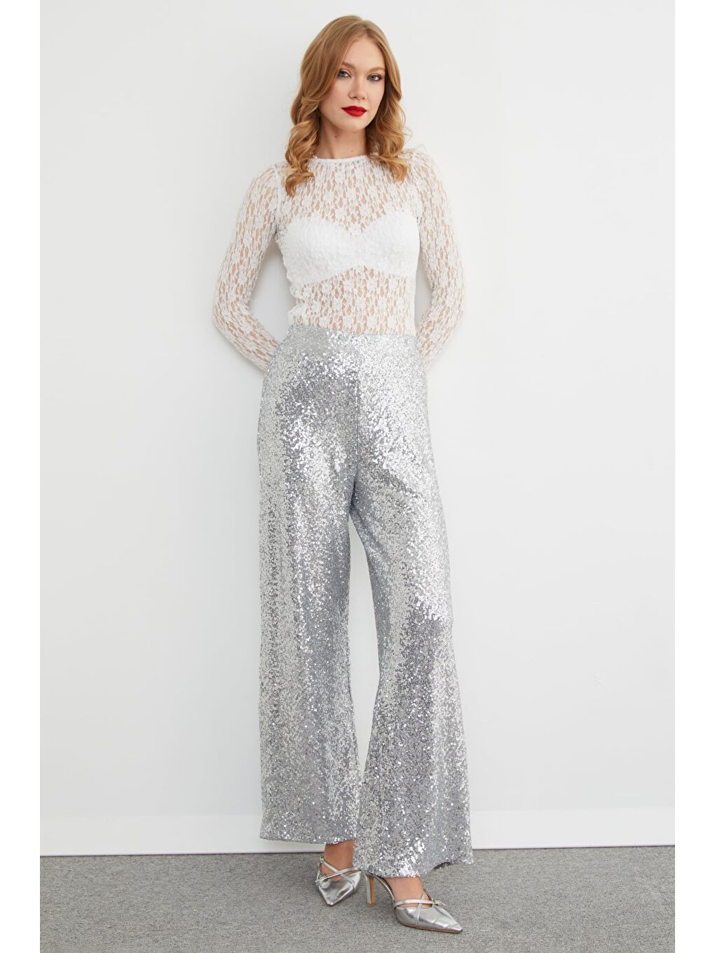 Gri Beli Lastikli Pul Payet Palazzo Pantolon-2