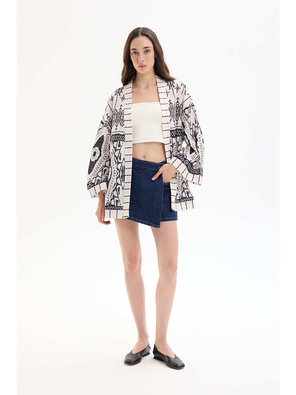 Bohem Desenli Şal Yaka Kısa Kimono Ekru-2
