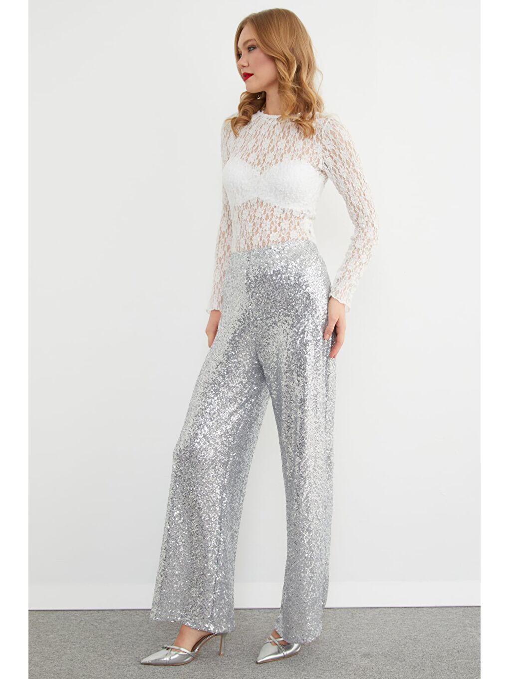 Gri Beli Lastikli Pul Payet Palazzo Pantolon-3