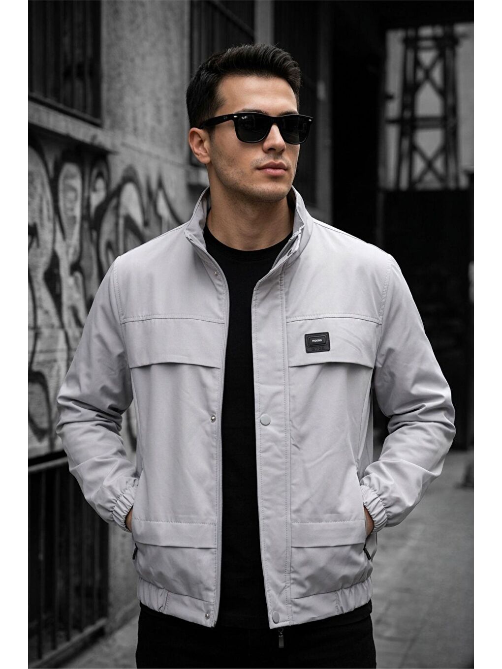 Gri Trend Style Slim Fit Suya Dayanıklı Erkek Mevsimlik Ceket - Fermuarlı ve Cepli