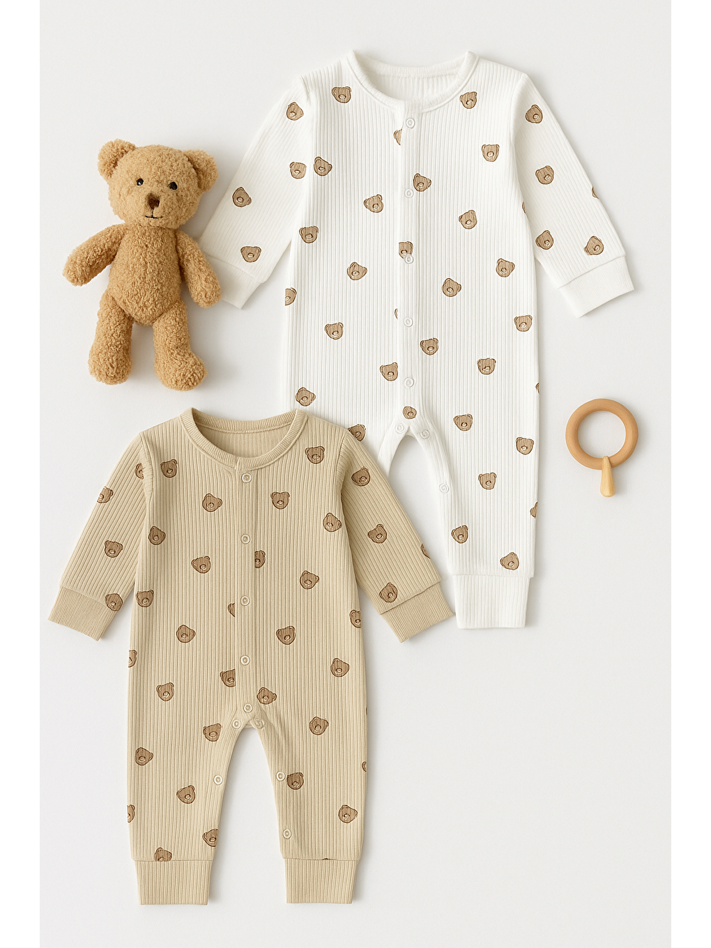 Bej Erkek KIz Bebek Ayıcık Desenli 2li Tulum Takımı Yenidoğan Kıyafeti Pamuklu Fitilli-2