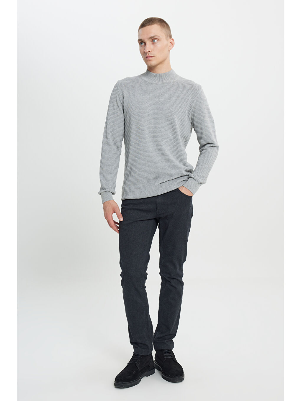 Erkek Gri Melanj Recycle Standart Fit Yarım Balıkçı Yaka Pamuklu Desenli Triko Kazak-1