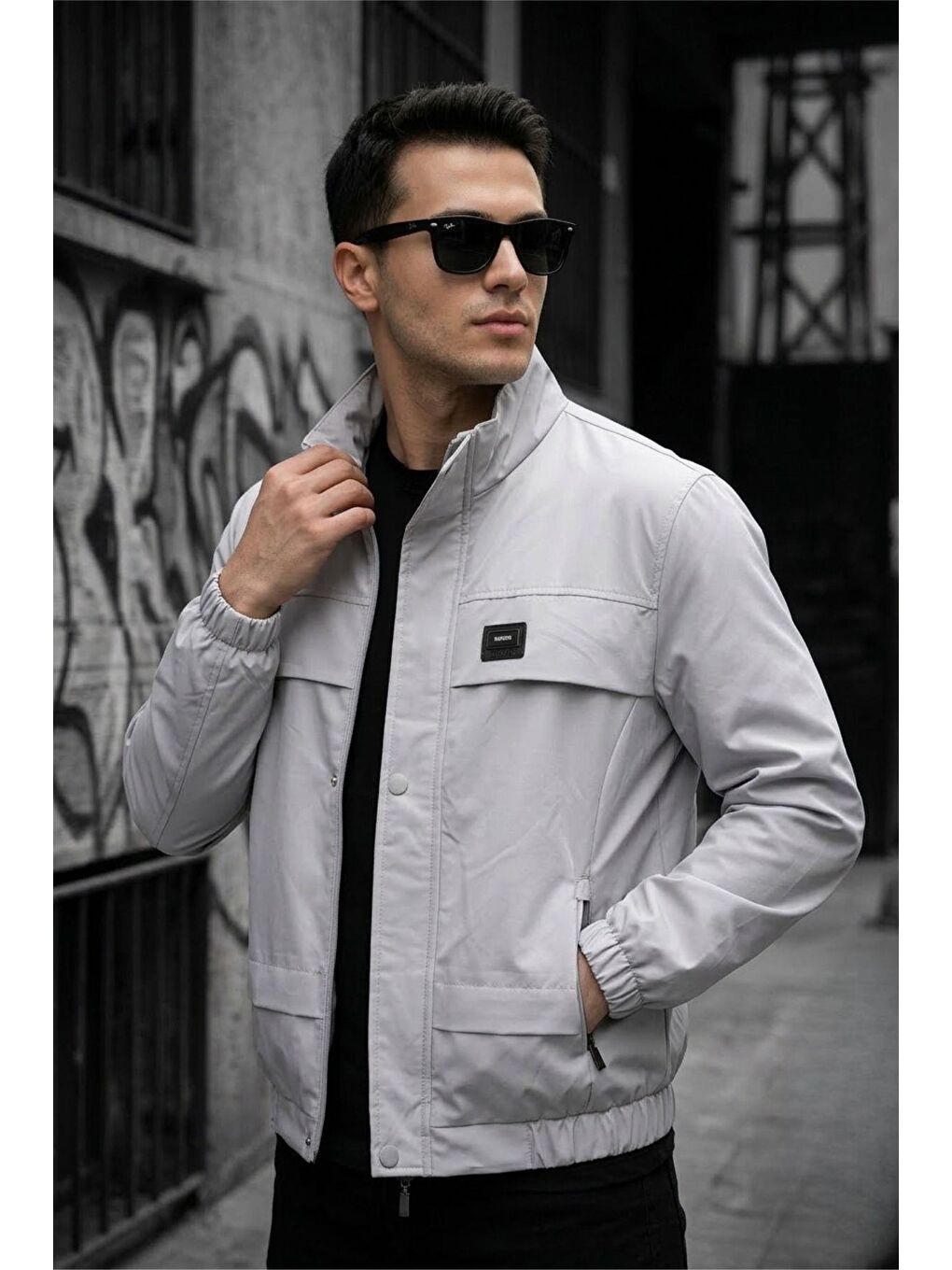 Gri Trend Style Slim Fit Suya Dayanıklı Erkek Mevsimlik Ceket - Fermuarlı ve Cepli-1