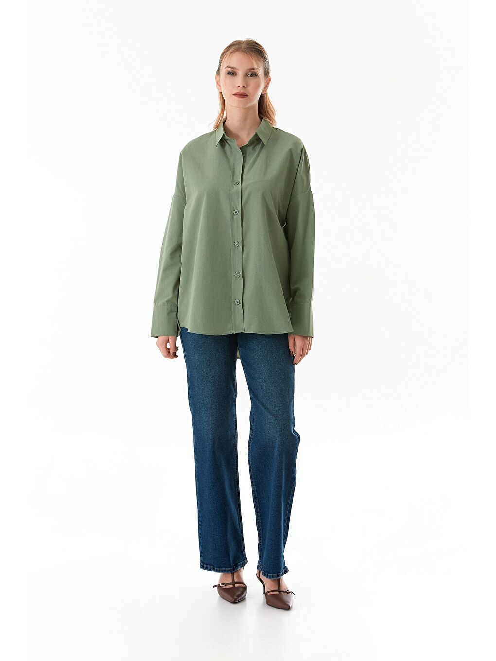Haki Basic Arkası Uzun Salaş Gömlek-1