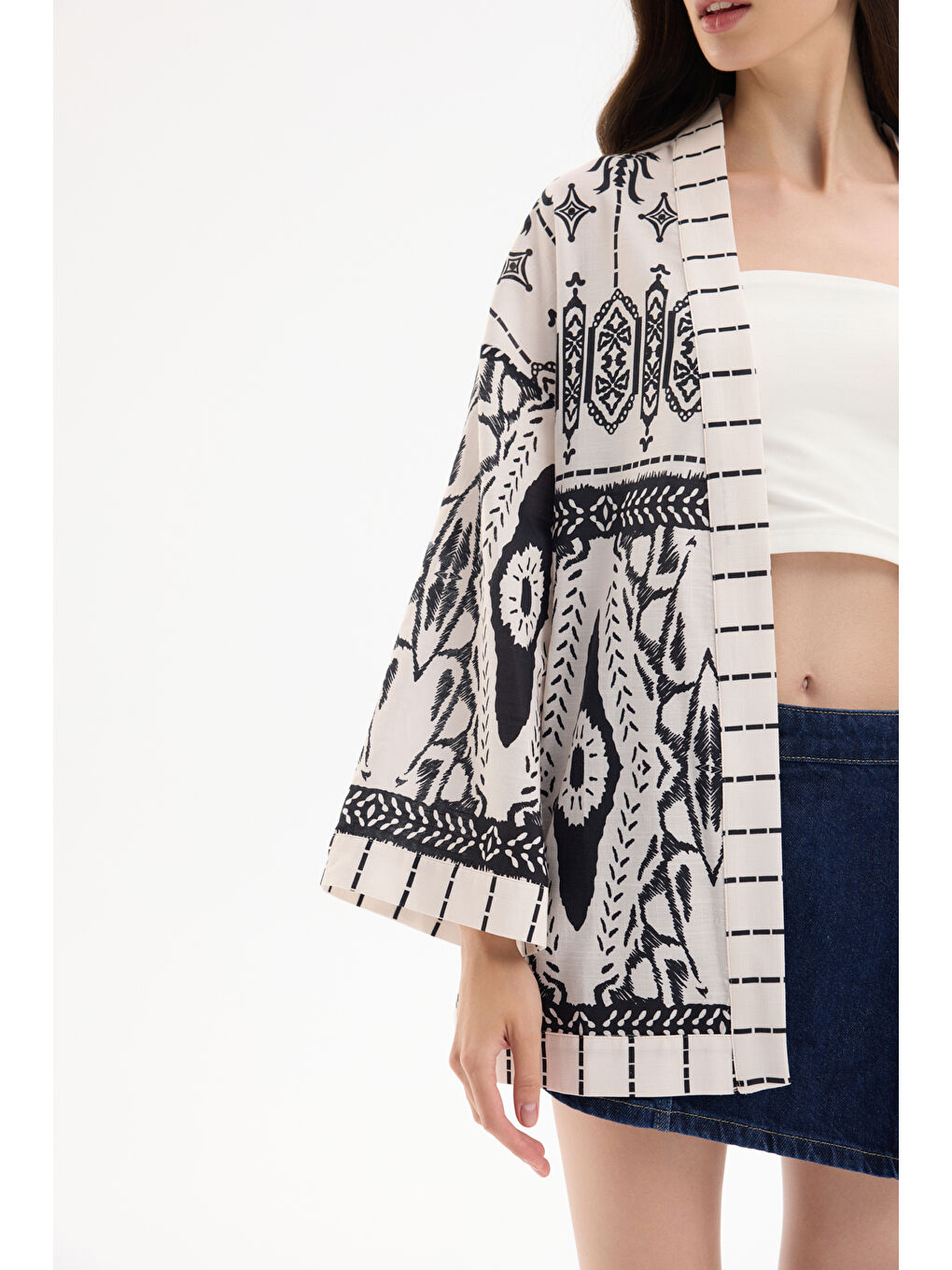 Bohem Desenli Şal Yaka Kısa Kimono Ekru-3