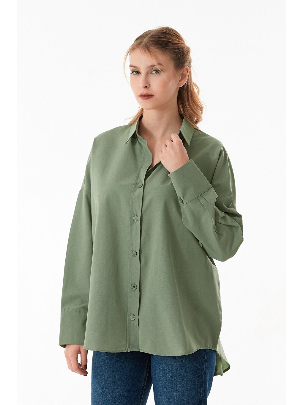 Haki Basic Arkası Uzun Salaş Gömlek-2