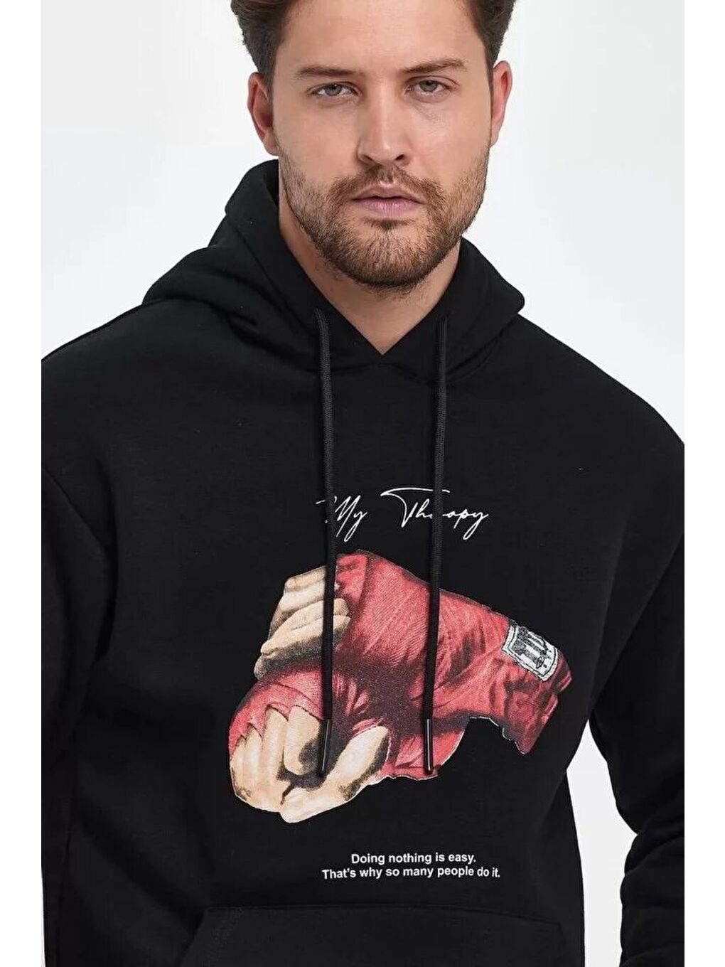 Unisex Kapüşonlu Üç İplik Oversize Baskılı Kapüşonlu Sweatshirt - Siyah-1