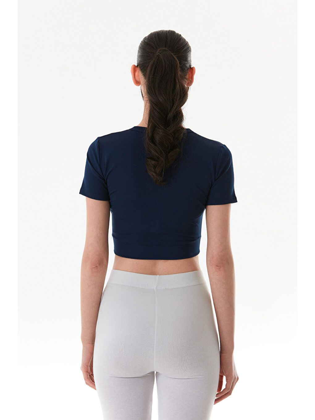 Lacivert Basic Bisiklet Yaka Crop Tişört-2