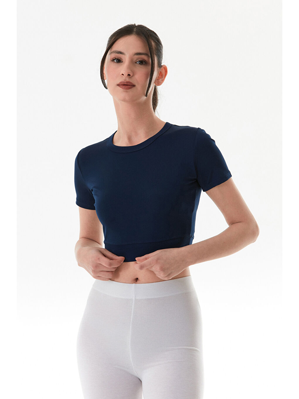 Lacivert Basic Bisiklet Yaka Crop Tişört-3