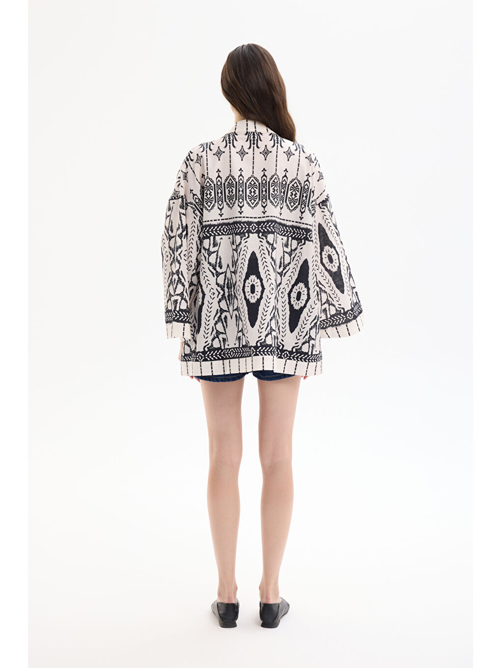 Bohem Desenli Şal Yaka Kısa Kimono Ekru-4