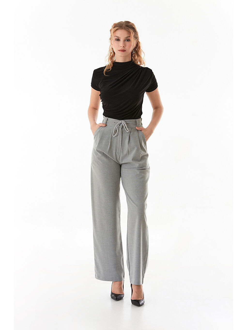 Gri Beli Bağcıklı Düğmeli Cepli Palazzo Pantolon-1