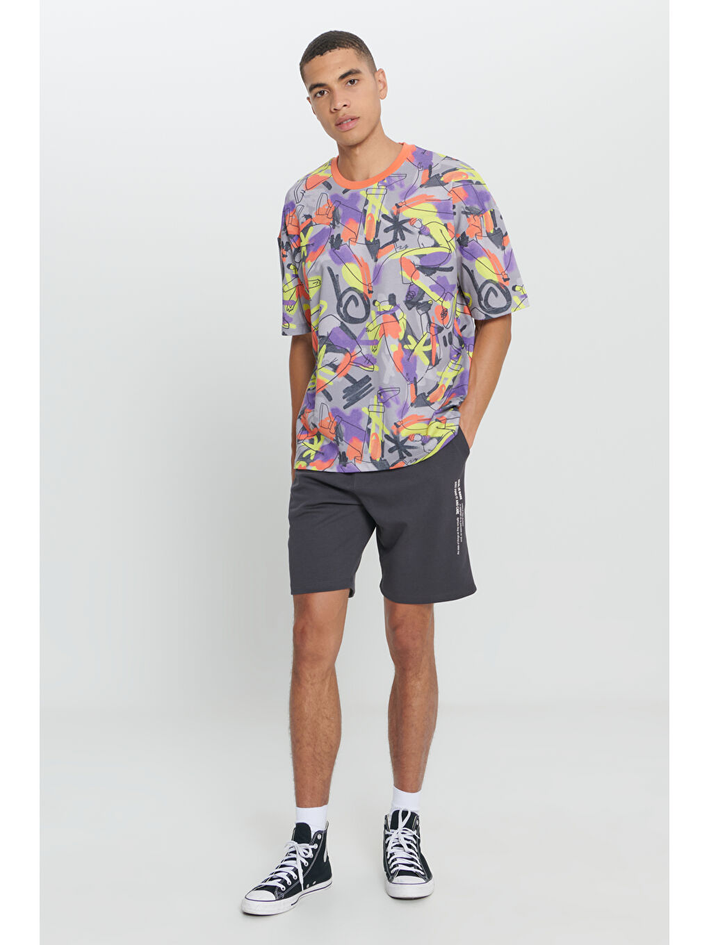 Erkek Sarı Oversize Fit Bol Kesim Pamuklu Baskılı Bisiklet Yaka Tişört-1