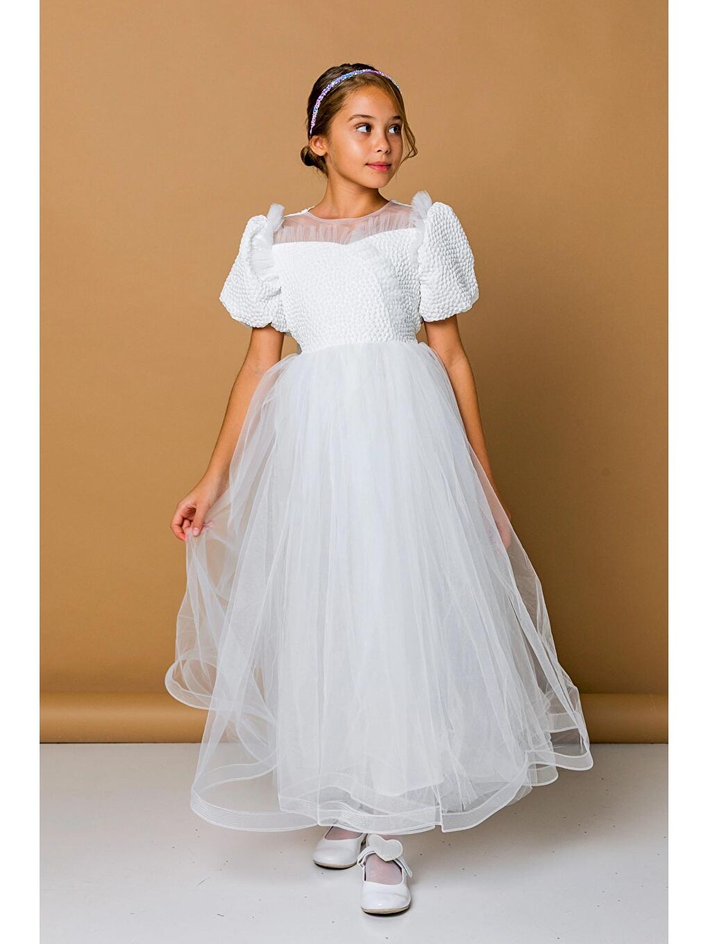 Beyaz Jakarlı Yarımkol Abiye 2293