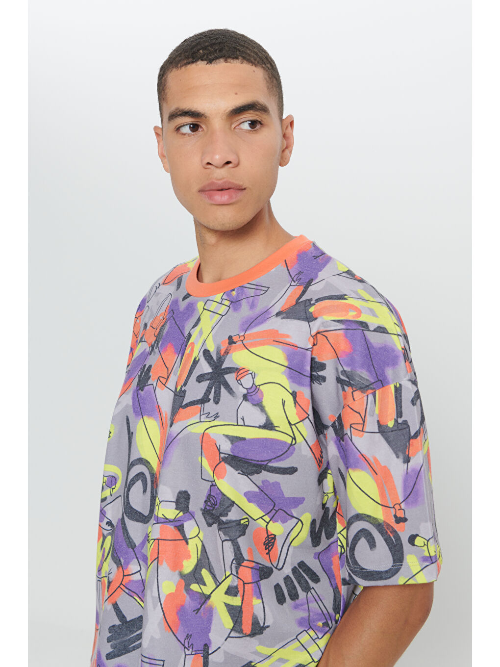 Erkek Sarı Oversize Fit Bol Kesim Pamuklu Baskılı Bisiklet Yaka Tişört-3