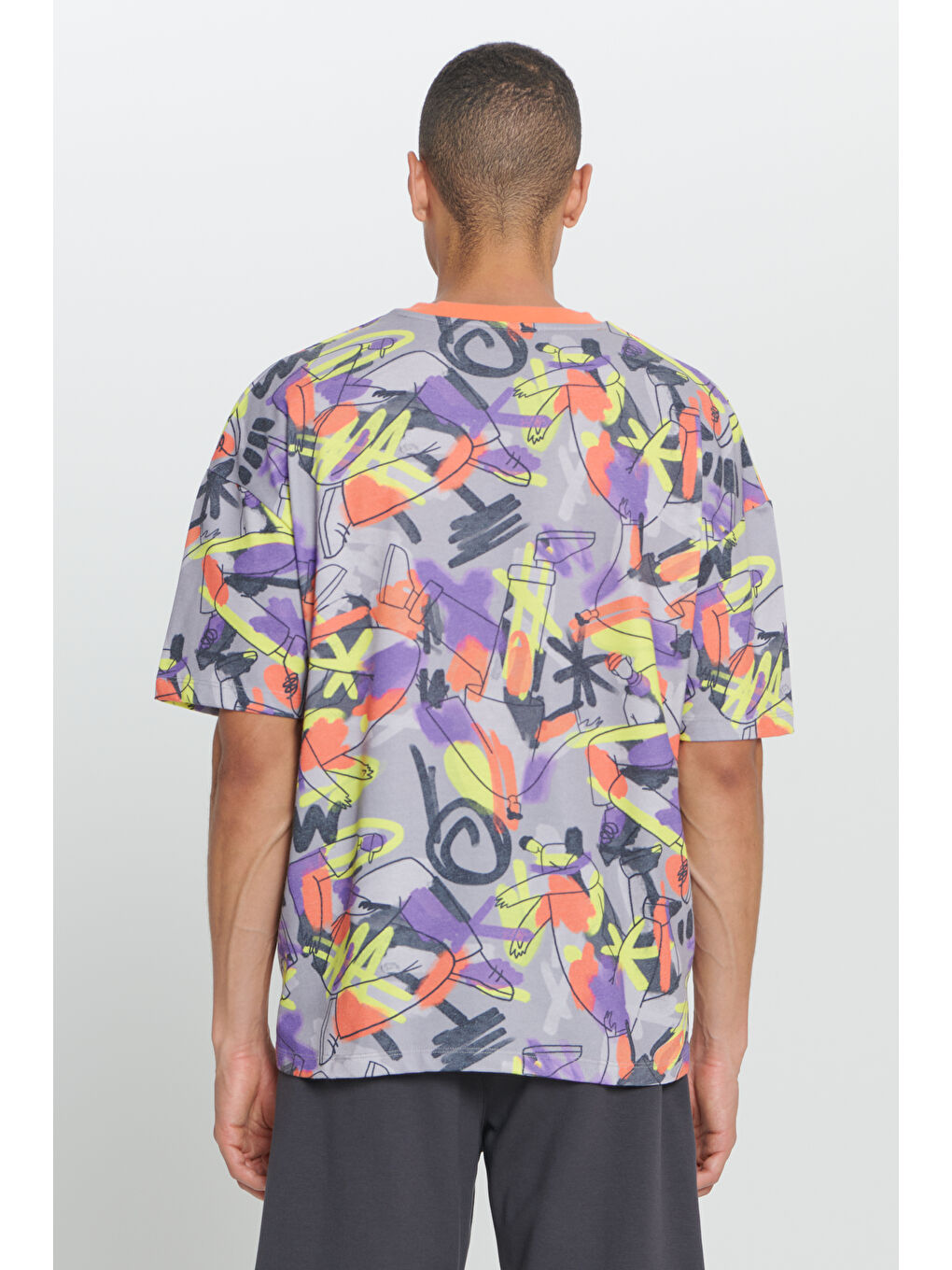 Erkek Sarı Oversize Fit Bol Kesim Pamuklu Baskılı Bisiklet Yaka Tişört-4