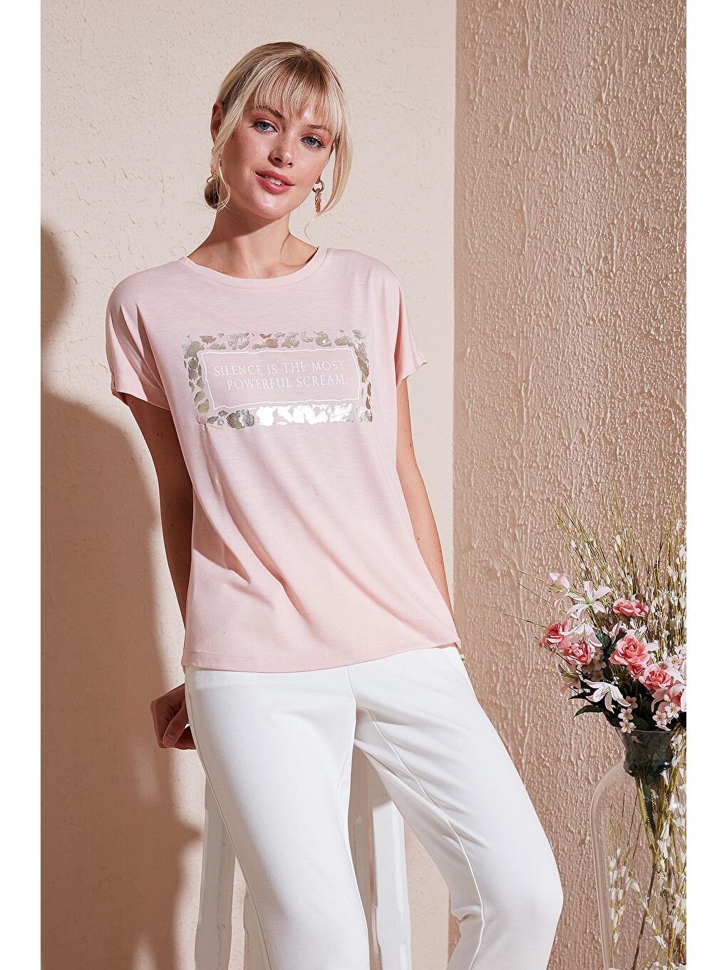 Lela Pembe Baskılı Bisiklet Yaka Regular Fit T Shirt 6671007