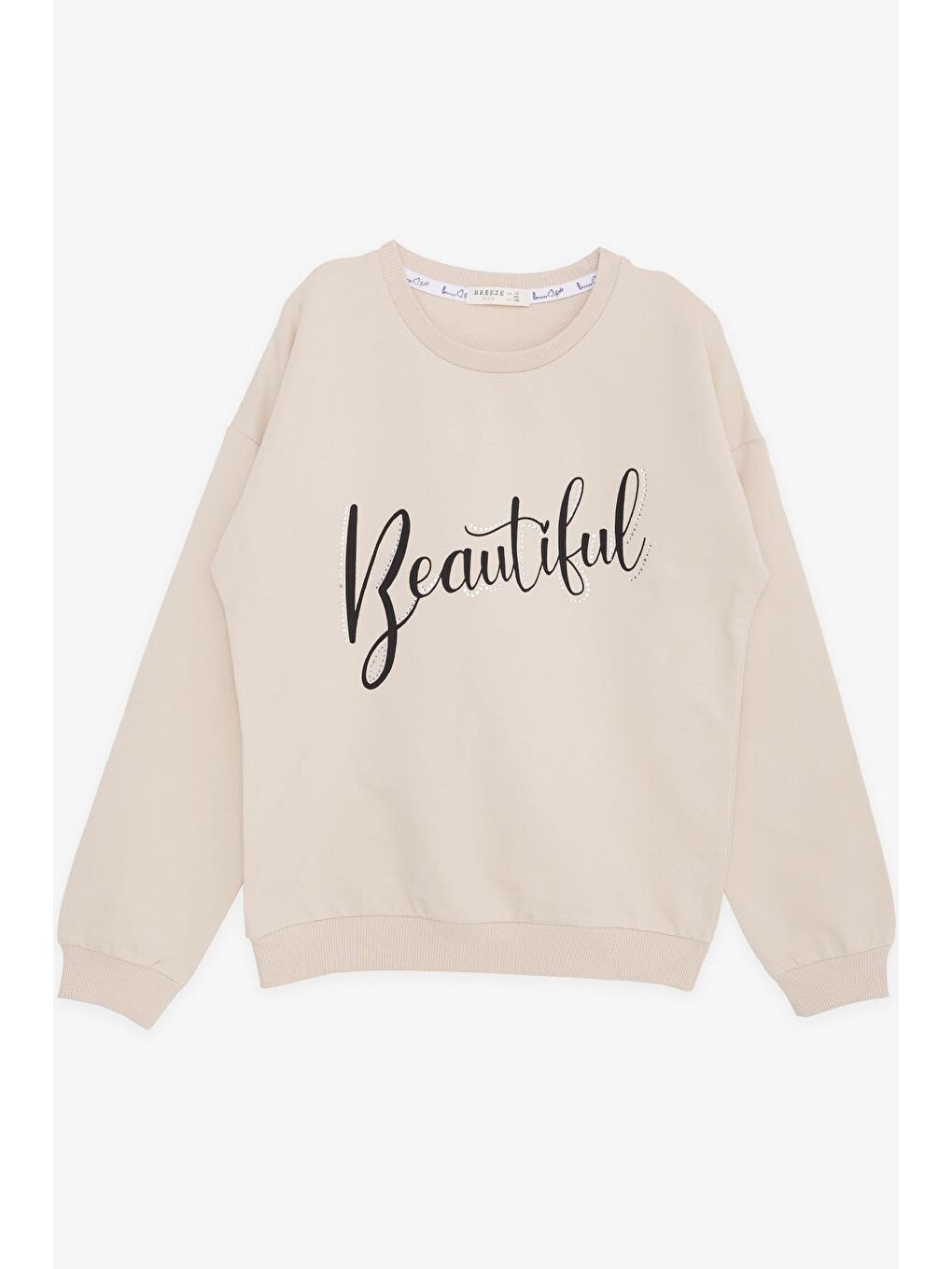 Kız Çocuk Sweatshirt Taşlı Yazı Baskılı Bej (9 Yaş)