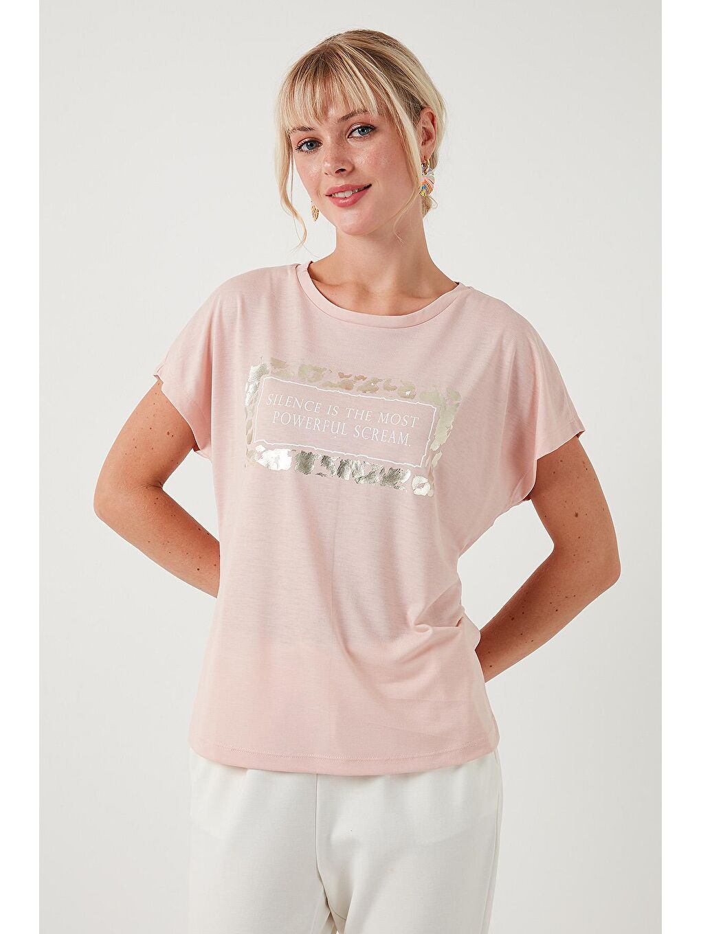 Lela Pembe Baskılı Bisiklet Yaka Regular Fit T Shirt 6671007 - 1