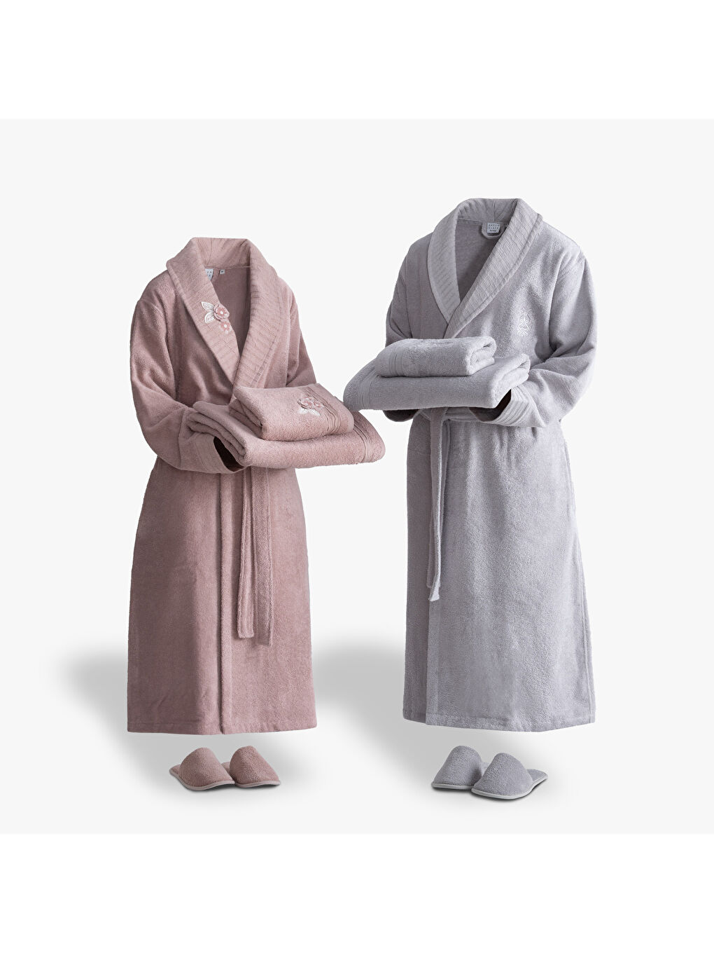 Pembe Rosalya Aile Bornoz Seti 10 Parça %100 Pamuk Nakışlı Pudra-Gri M/L