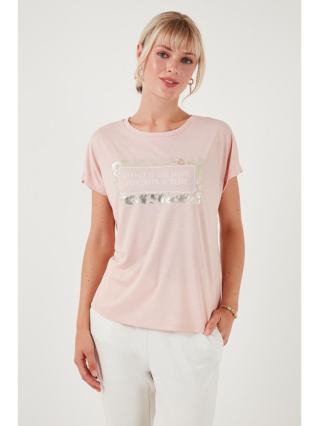 Lela Pembe Baskılı Bisiklet Yaka Regular Fit T Shirt 6671007 - 2