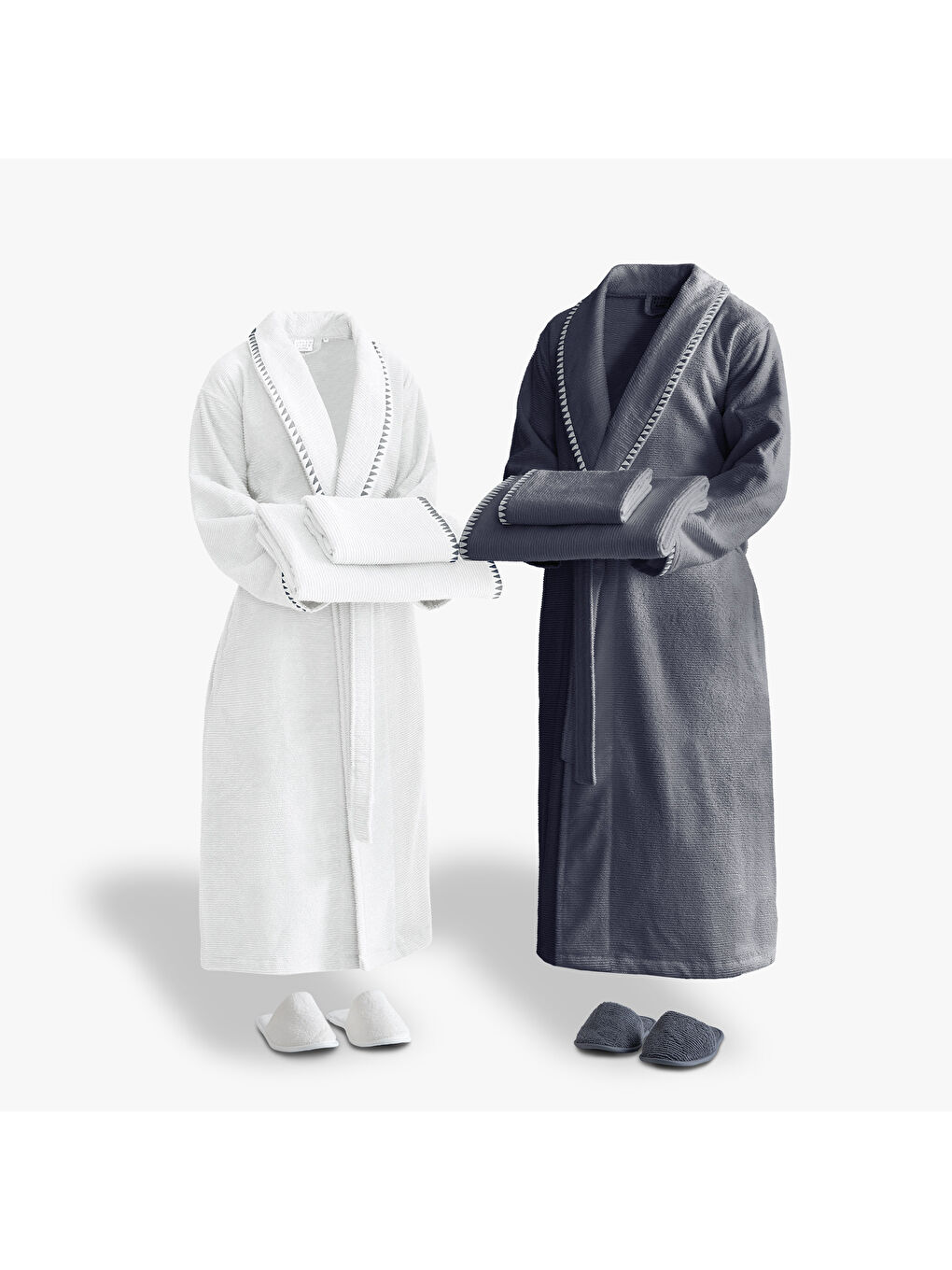 Ekru Tria Aile Bornoz Seti 10 Parça %100 Pamuk Jakarlı Krem-Lacivert M/L