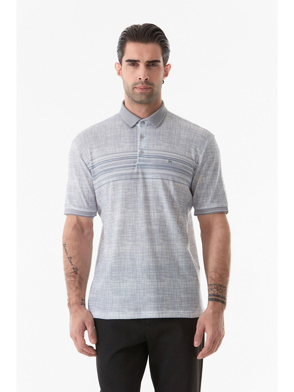 Gri Baskılı Polo Yaka Tişört-4