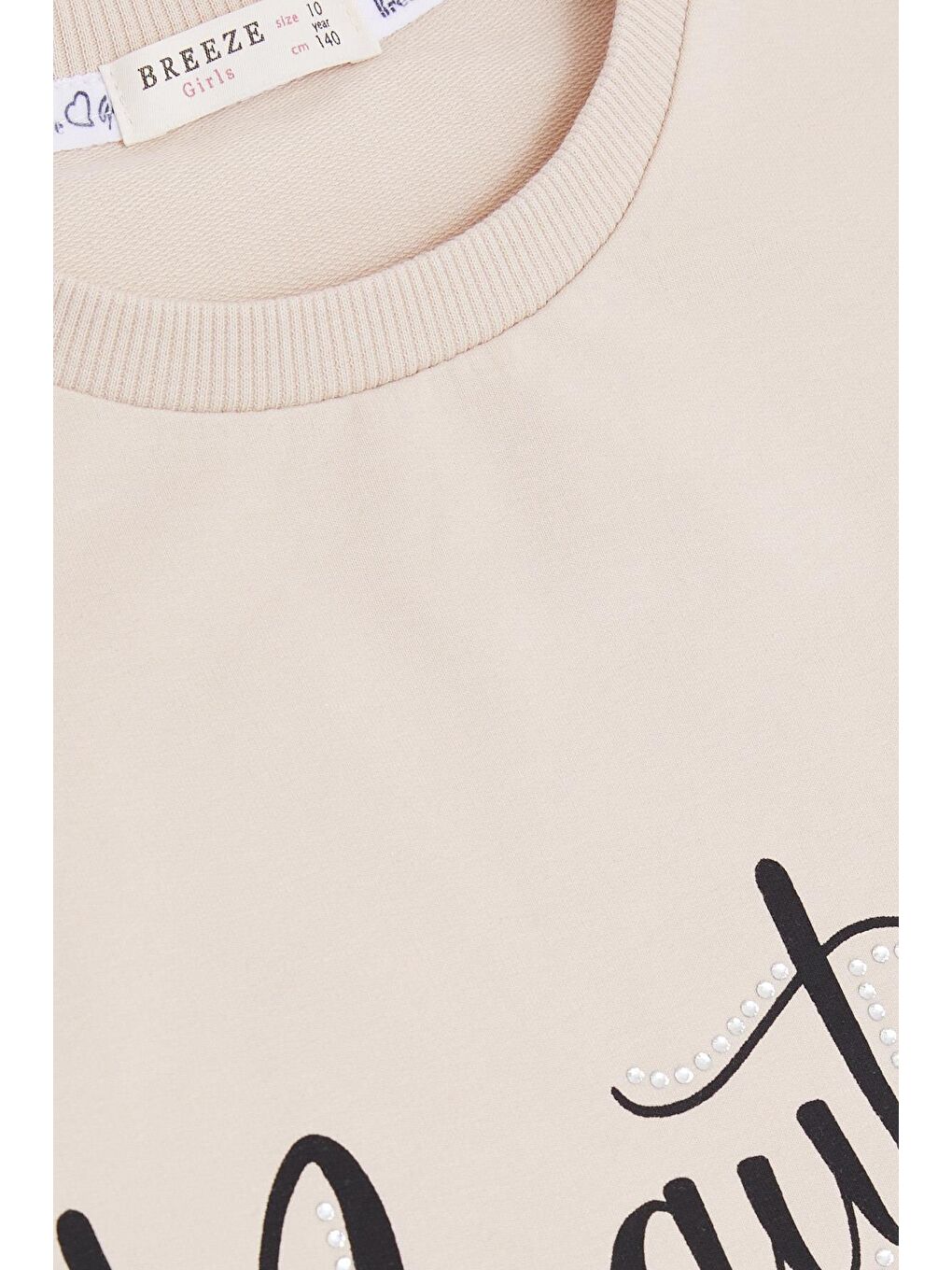 Kız Çocuk Sweatshirt Taşlı Yazı Baskılı Bej (9 Yaş)-2