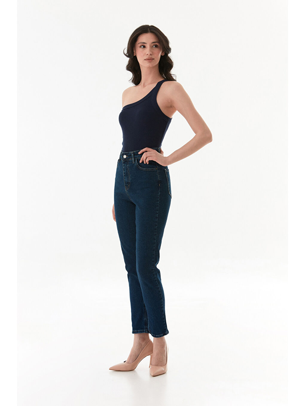 Mavi Yüksek Bel Elastanlı Mom Jean-2