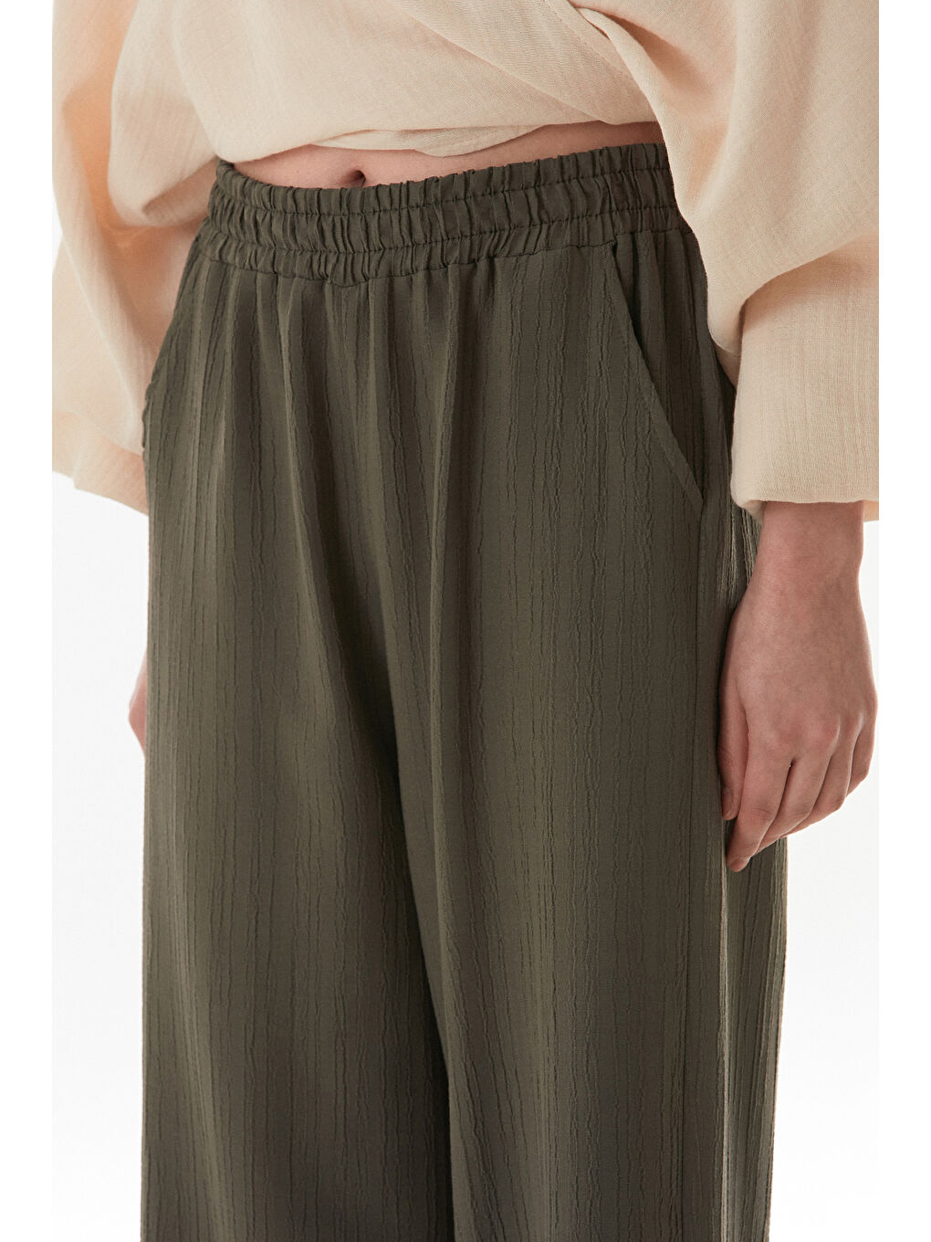Haki Krep Kumaş Palazzo Pantolon-4