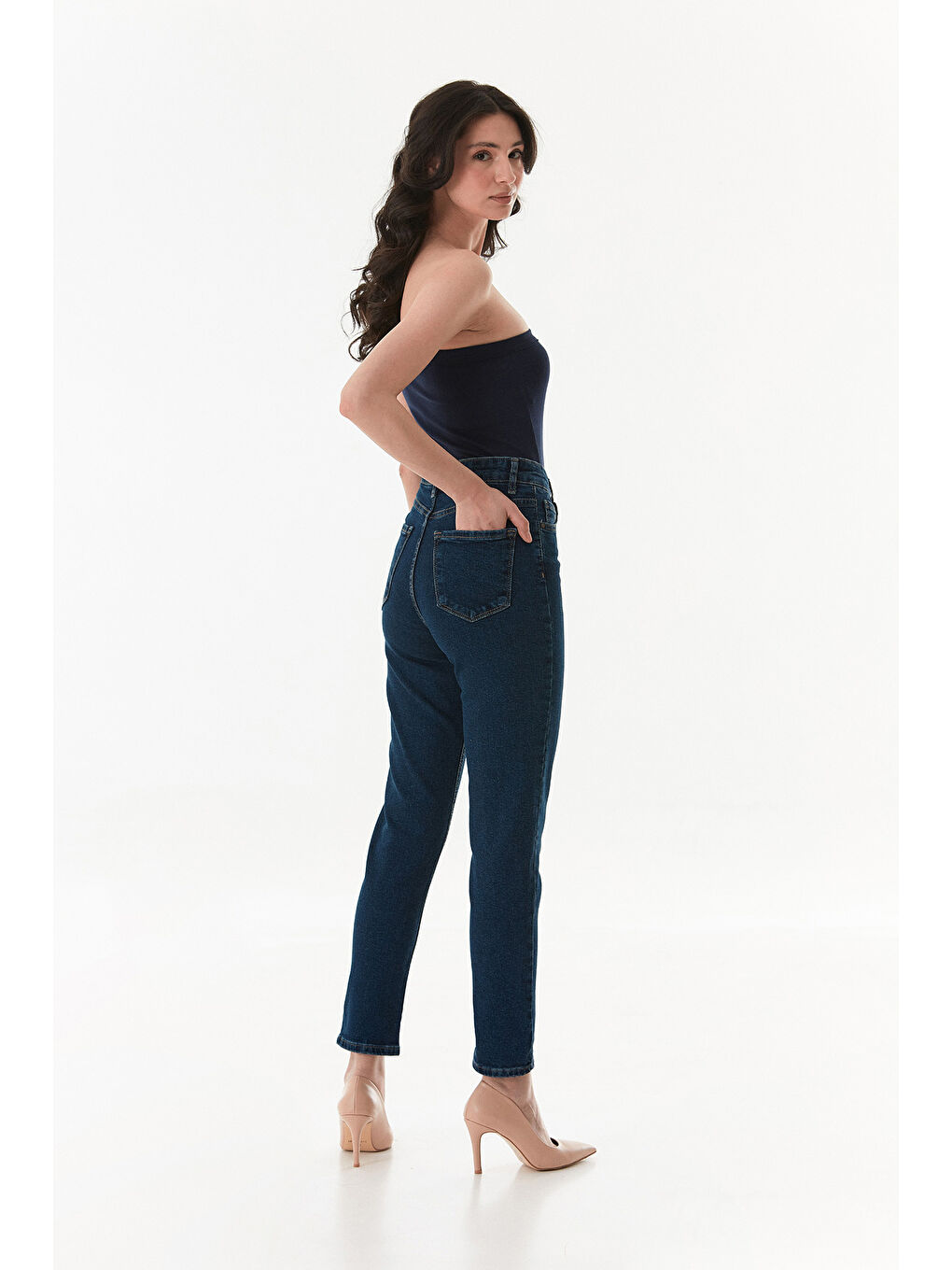 Mavi Yüksek Bel Elastanlı Mom Jean-4