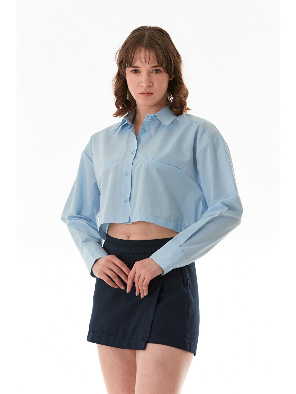 Mavi Basic Cep Detaylı Terikoton Crop Gömlek-1