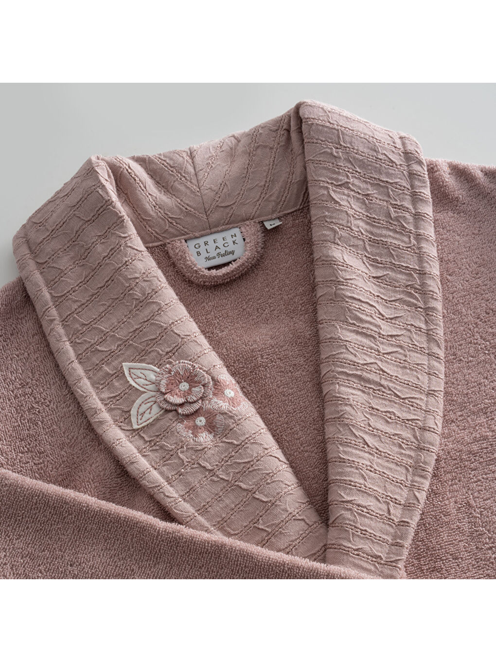 Pembe Rosalya Aile Bornoz Seti 10 Parça %100 Pamuk Nakışlı Pudra-Gri M/L-6