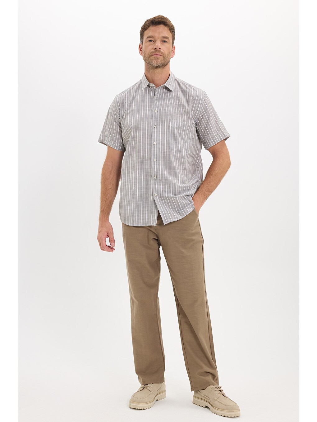 Haki Erkek Regular Fit Klasik Kesim Oversize %100 Pamuk Kısa Kollu Keten Doku Tek Cep Çizgili Gömlek-1