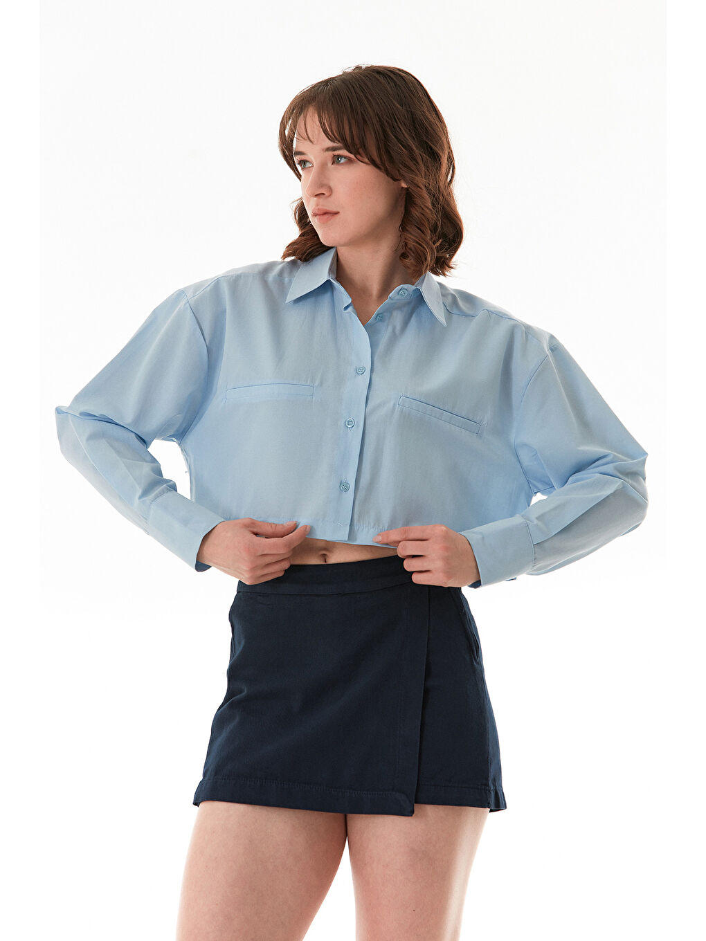 Mavi Basic Cep Detaylı Terikoton Crop Gömlek-2
