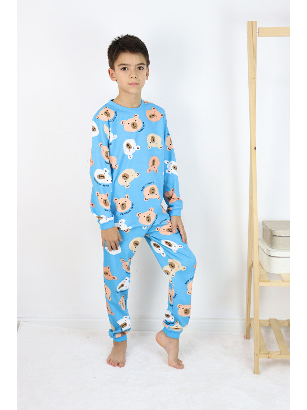 Mavi Erkek Çocuk Baskılı interlok Kumaş Uzun Kollu Pijama Takımı-2