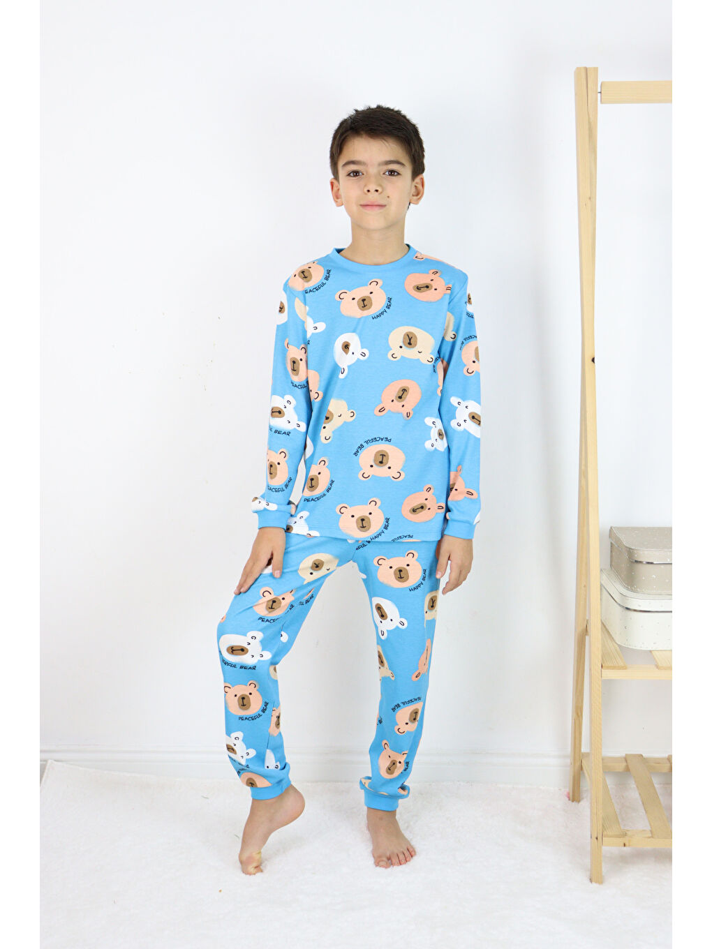 Mavi Erkek Çocuk Baskılı interlok Kumaş Uzun Kollu Pijama Takımı-3