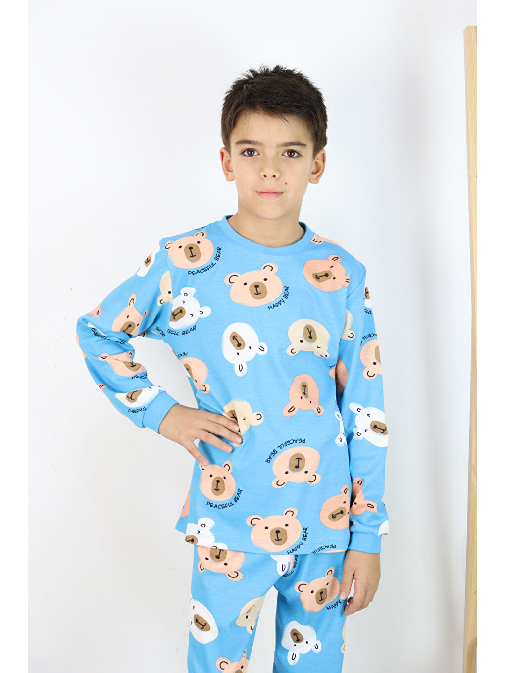 Mavi Erkek Çocuk Baskılı interlok Kumaş Uzun Kollu Pijama Takımı-4