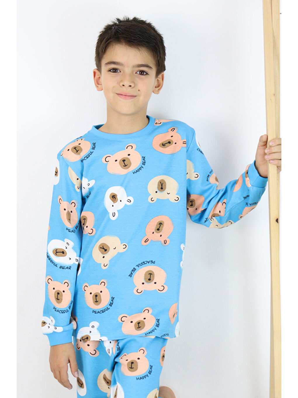 Mavi Erkek Çocuk Baskılı interlok Kumaş Uzun Kollu Pijama Takımı-5