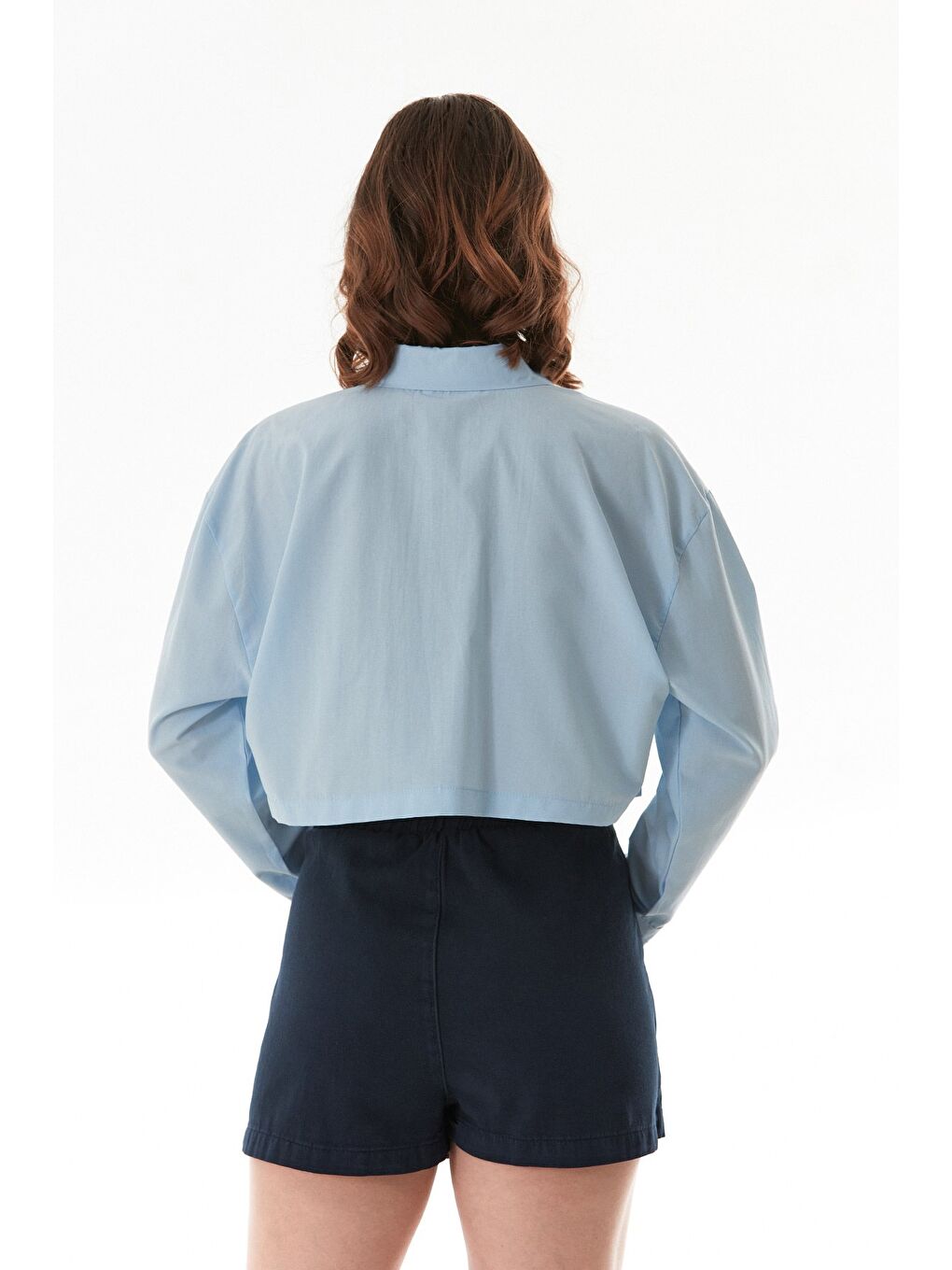 Mavi Basic Cep Detaylı Terikoton Crop Gömlek-4