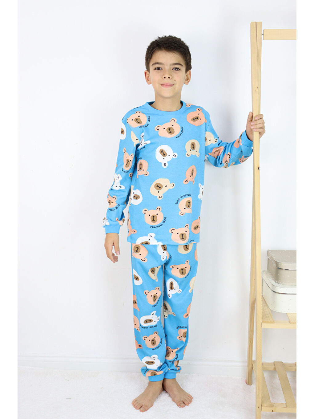 Mavi Erkek Çocuk Baskılı interlok Kumaş Uzun Kollu Pijama Takımı-6