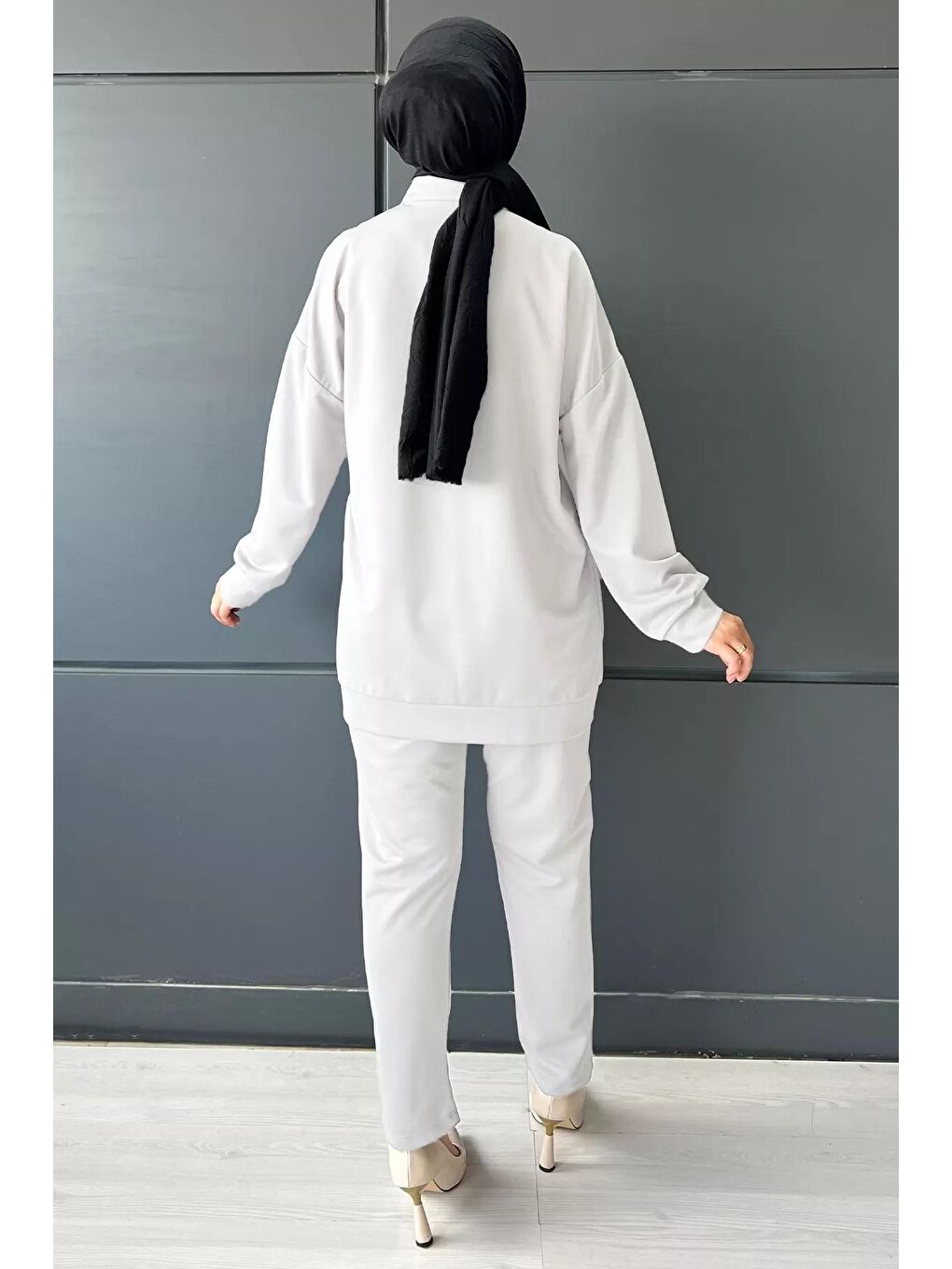 Ekru Üstü Çıtçıt Detaylı Gömlek Pantolon Tesettür İkili Takım-3