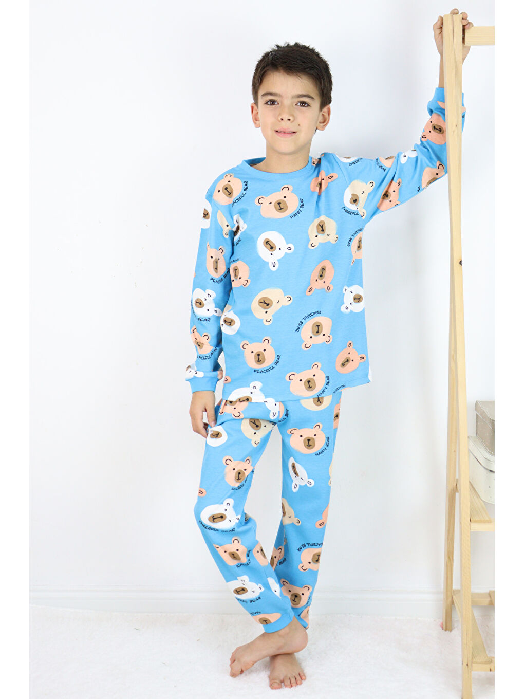 Mavi Erkek Çocuk Baskılı interlok Kumaş Uzun Kollu Pijama Takımı-7