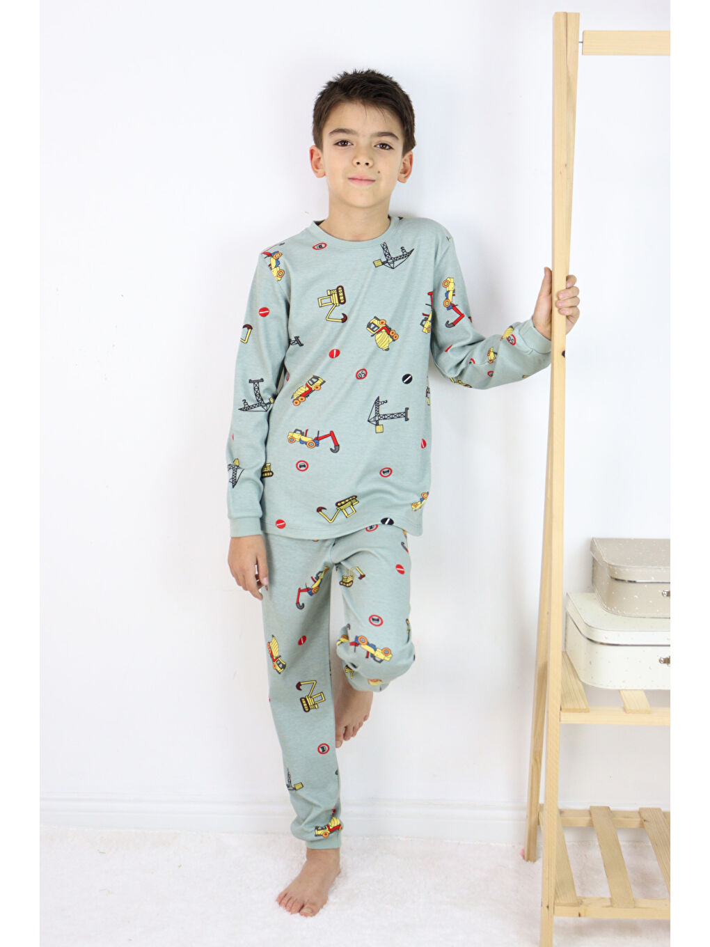 Yeşil Erkek Çocuk Baskılı interlok Kumaş Uzun Kollu Pijama Takımı-2