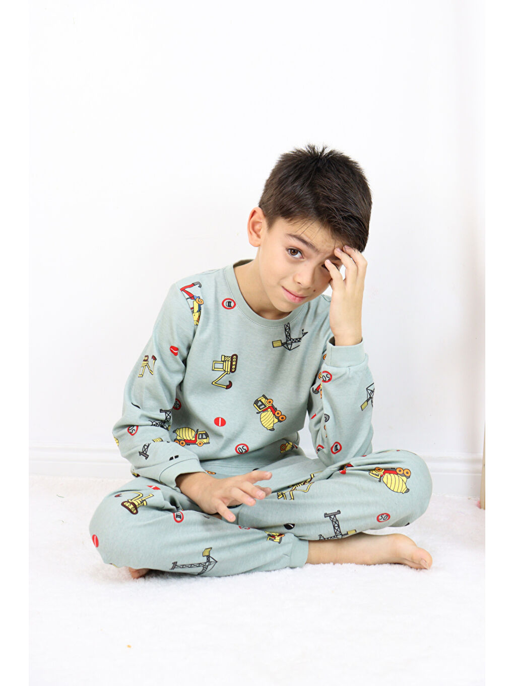 Yeşil Erkek Çocuk Baskılı interlok Kumaş Uzun Kollu Pijama Takımı-3