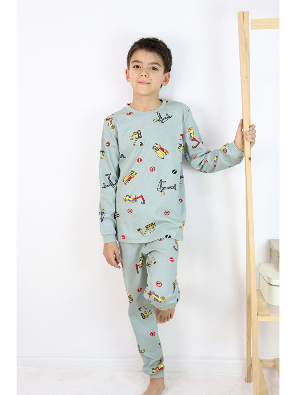 Yeşil Erkek Çocuk Baskılı interlok Kumaş Uzun Kollu Pijama Takımı-4