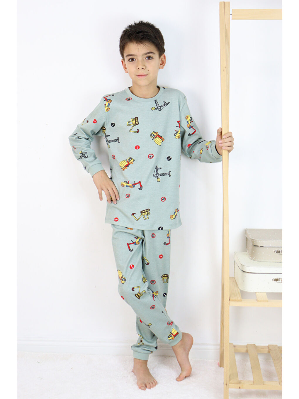 Yeşil Erkek Çocuk Baskılı interlok Kumaş Uzun Kollu Pijama Takımı-5