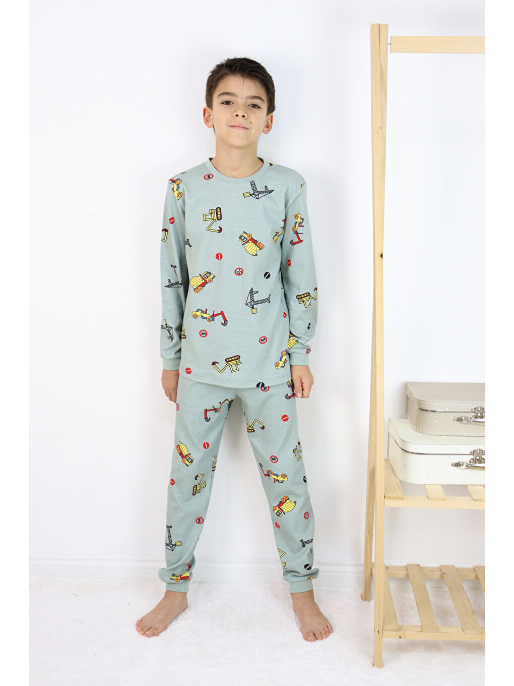 Yeşil Erkek Çocuk Baskılı interlok Kumaş Uzun Kollu Pijama Takımı-6